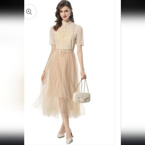 Lace-Bodice Cream Midi Dress with Tulle Skirt